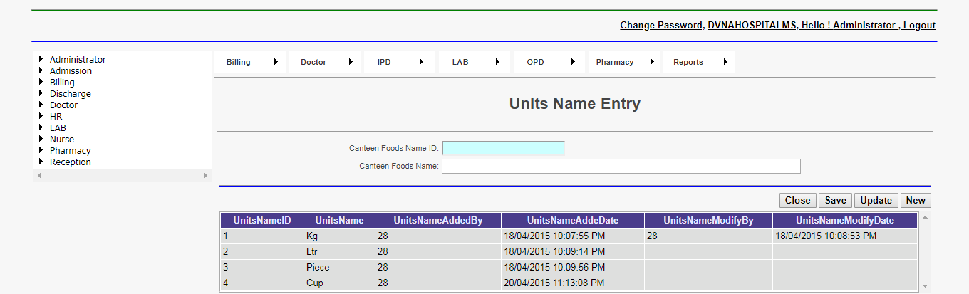 DVNA Hospital Management Software Units Name Entry